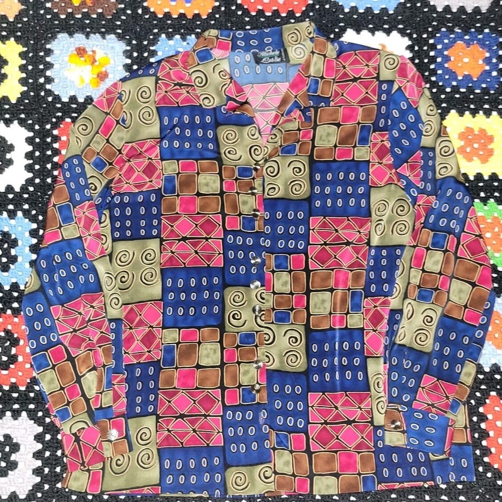 Vintage Colorblock Blouse Shirt 100% Silk Michele Leslie Women's Large Geometric